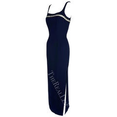 Cruise 1999 Thierry Mugler Navy Silver Chain Cutout Accent Slit Gown