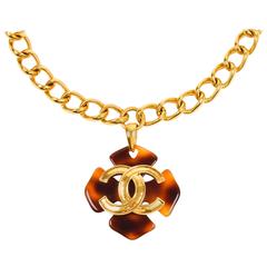 Chanel 95P Gold Tone Chain Link Tortoise Shell Clover 'CC' Pendant Necklace