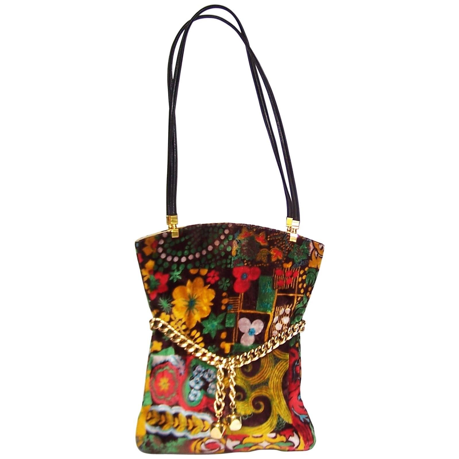 Mod 1960's Harry Rosenfeld Floral Velvet Handbag With Gold Chain Detail