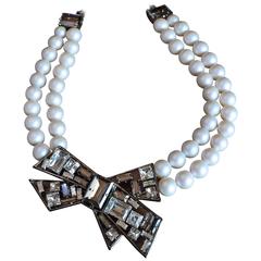 Philippe Ferrandis Glass Pearl and Swarovski Crystal Bow Necklace