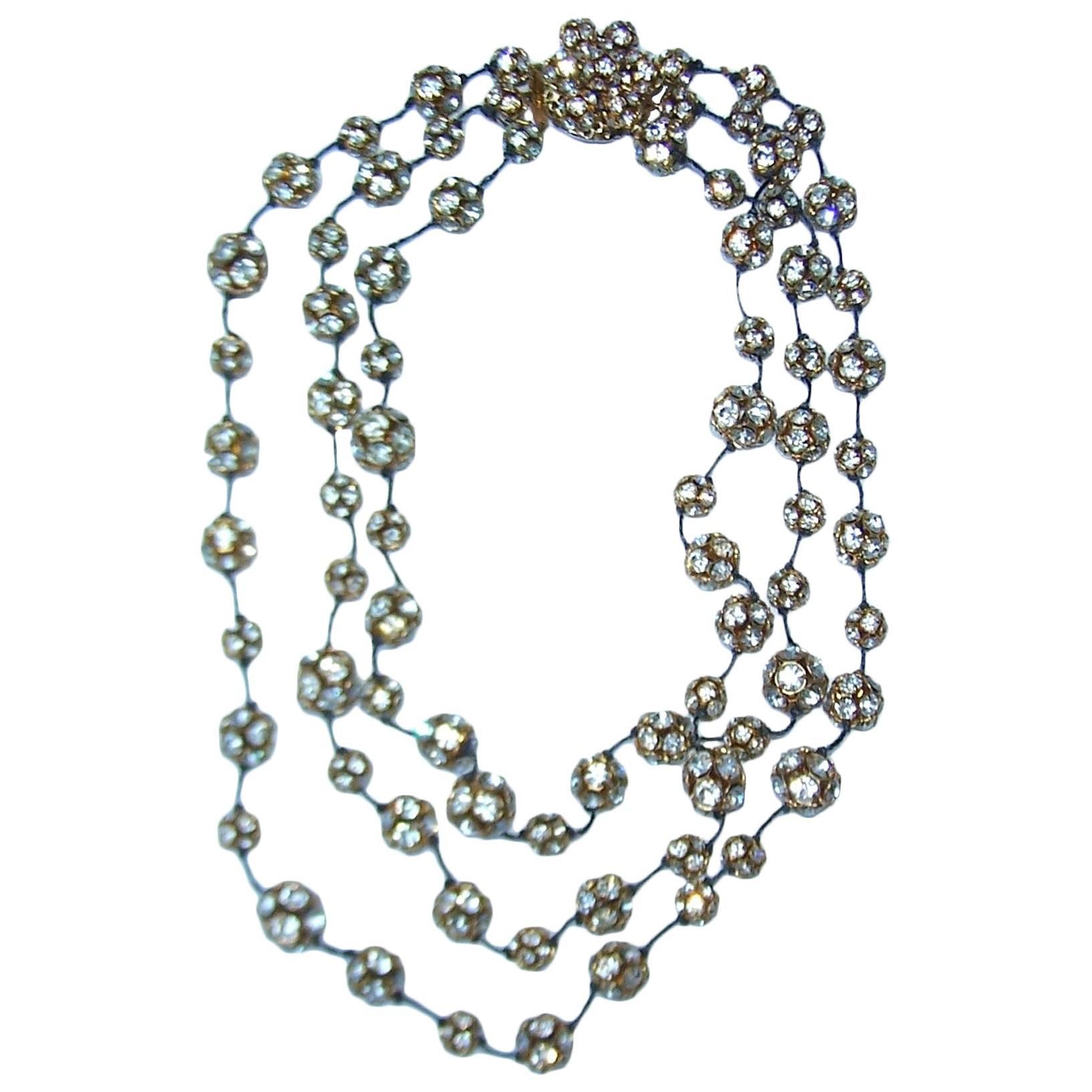 Vintage Lisa Marinucci Three Strand Brilliant Rhinestone Orb Necklace
