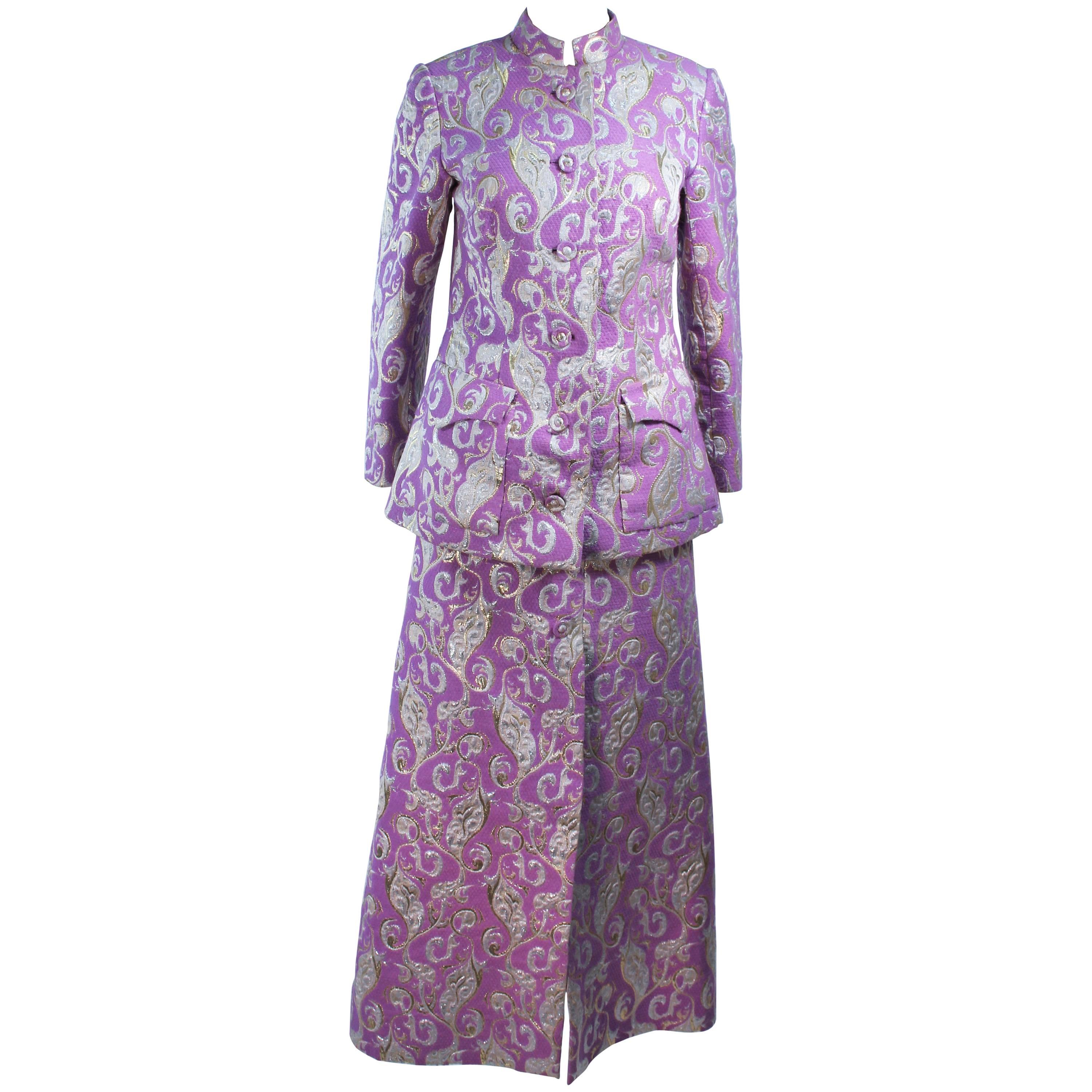 Purple 1960's Wool Metallic Brocade Ensemble with Maxi Skirt Size 10 For Sale
