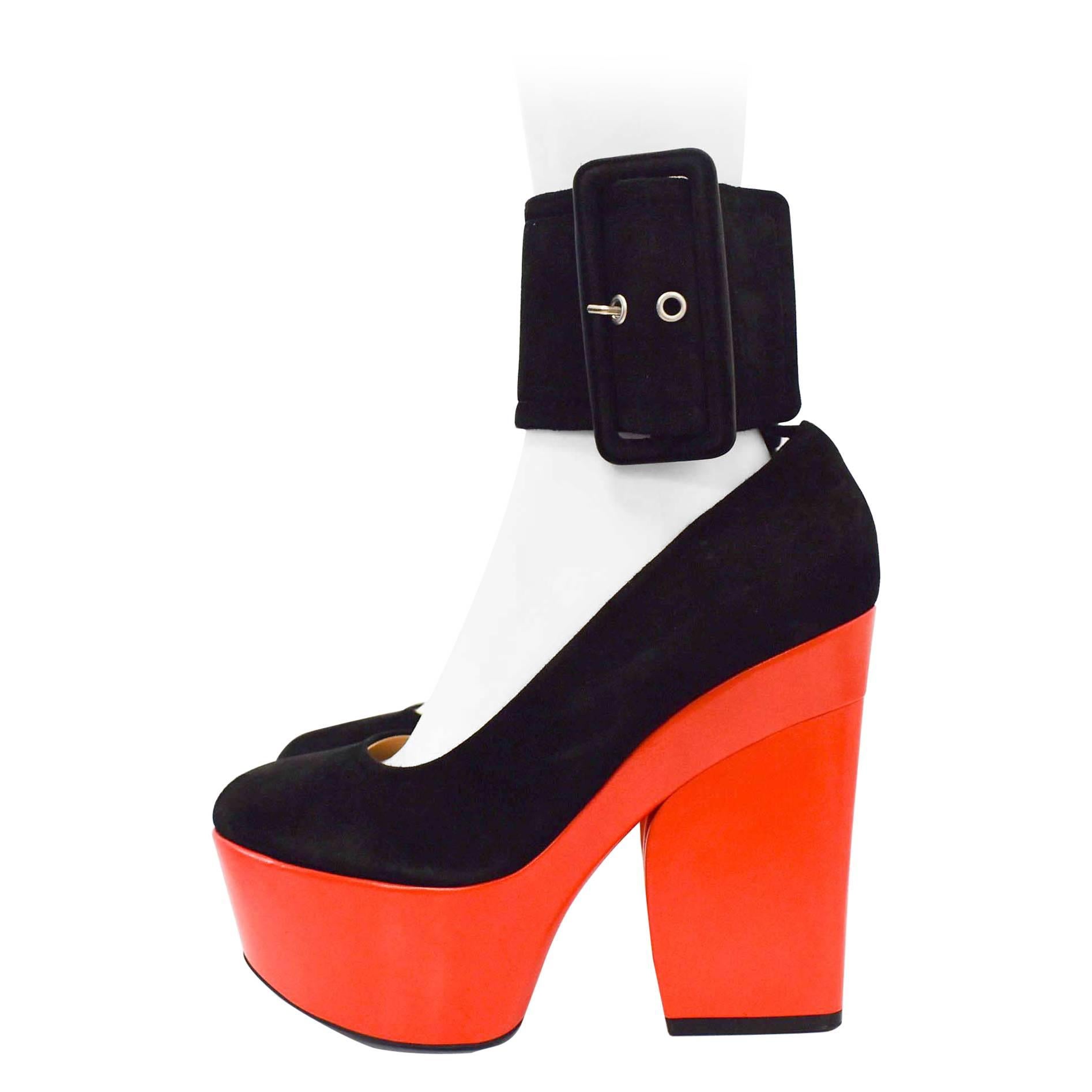 Celine S/S12 Black Suede and Red Leather Platform Ankle Strap Heels Size 38.5