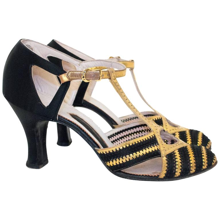 20s Black and Gold Lamé TStrap Heels at 1stDibs 20s heels, black and