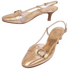 Retro Ferragamo Platinum Leather Slingback Loafer Style Pumps