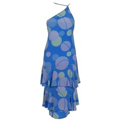 1970's Karl Lagerfeld for Chloe Periwinkle Print Silk Asymmetric Tiered Dress 3