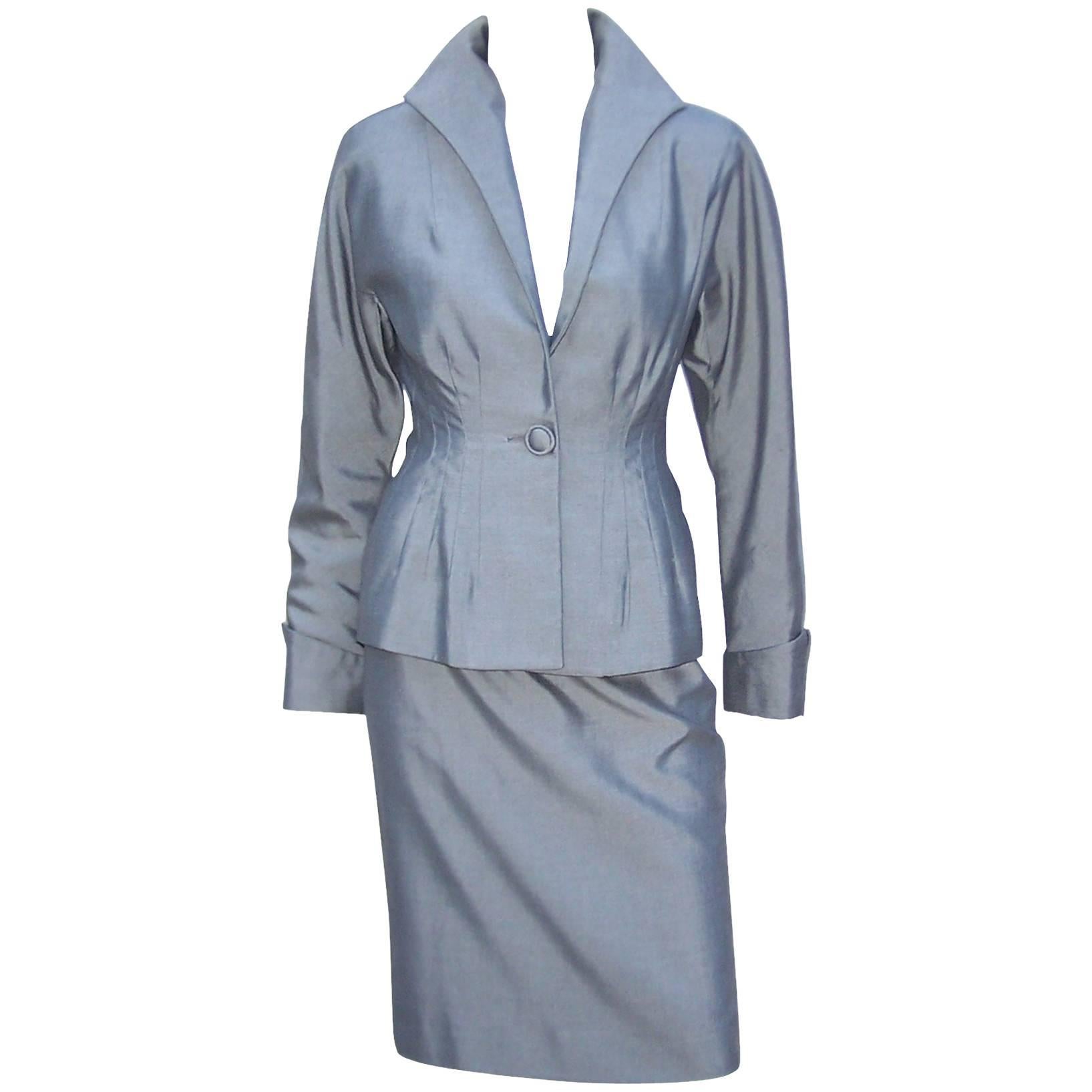 C.1980 Anne Klein Sharkskin Gray Skirt Suit With 1940's Inspiration