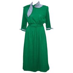 1940's Emerald Green & Gray Wool Knit Dress With Micro Pleating & Scarf