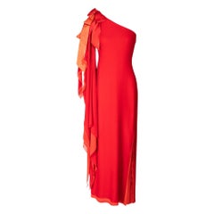 1979 Pierre Cardin Haute Couture Red and Orange Asymmetrical Silk Chiffon Gown