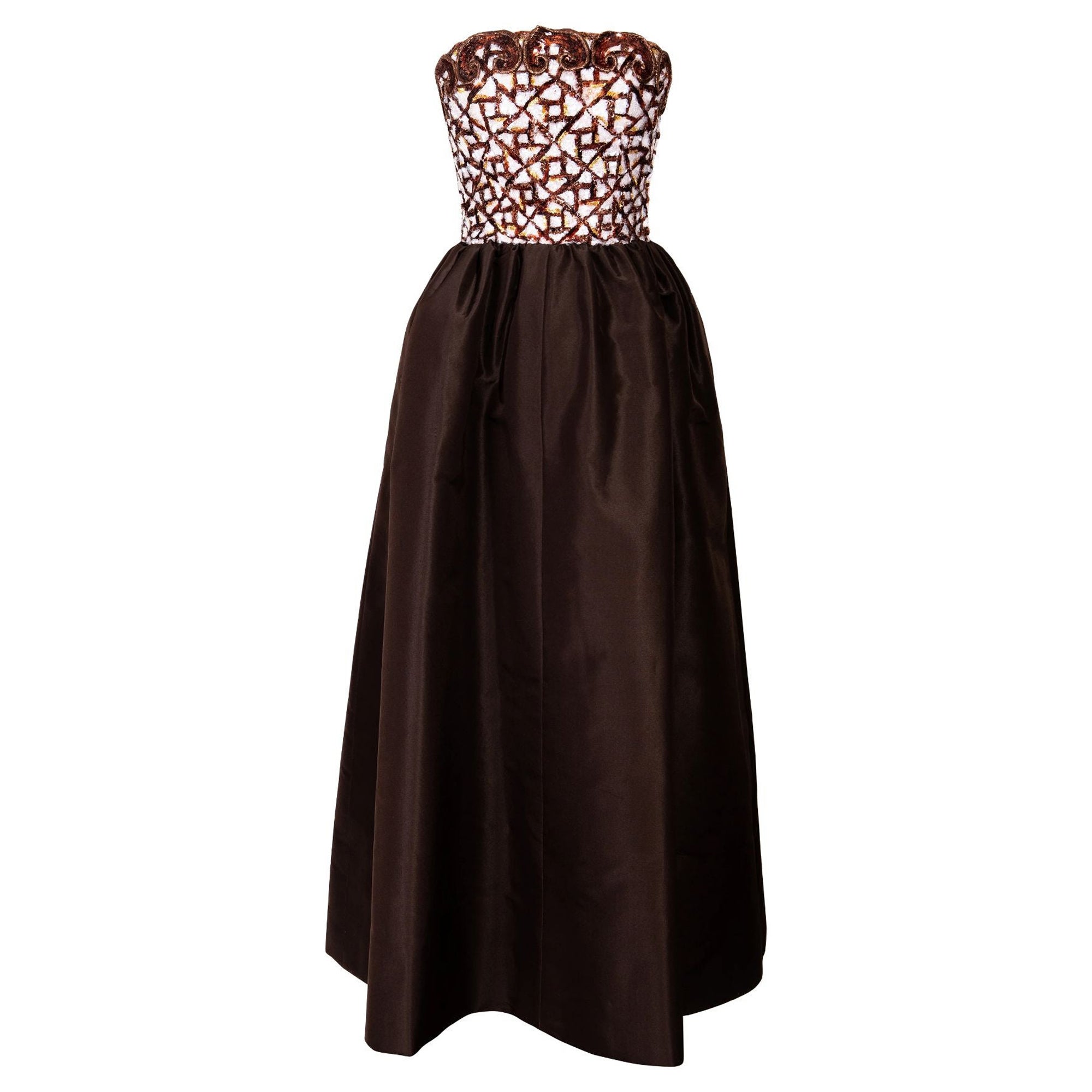S/S 1992 Givenchy Haute Couture Deep Brown Strapless Gown with Embroidered Bust For Sale