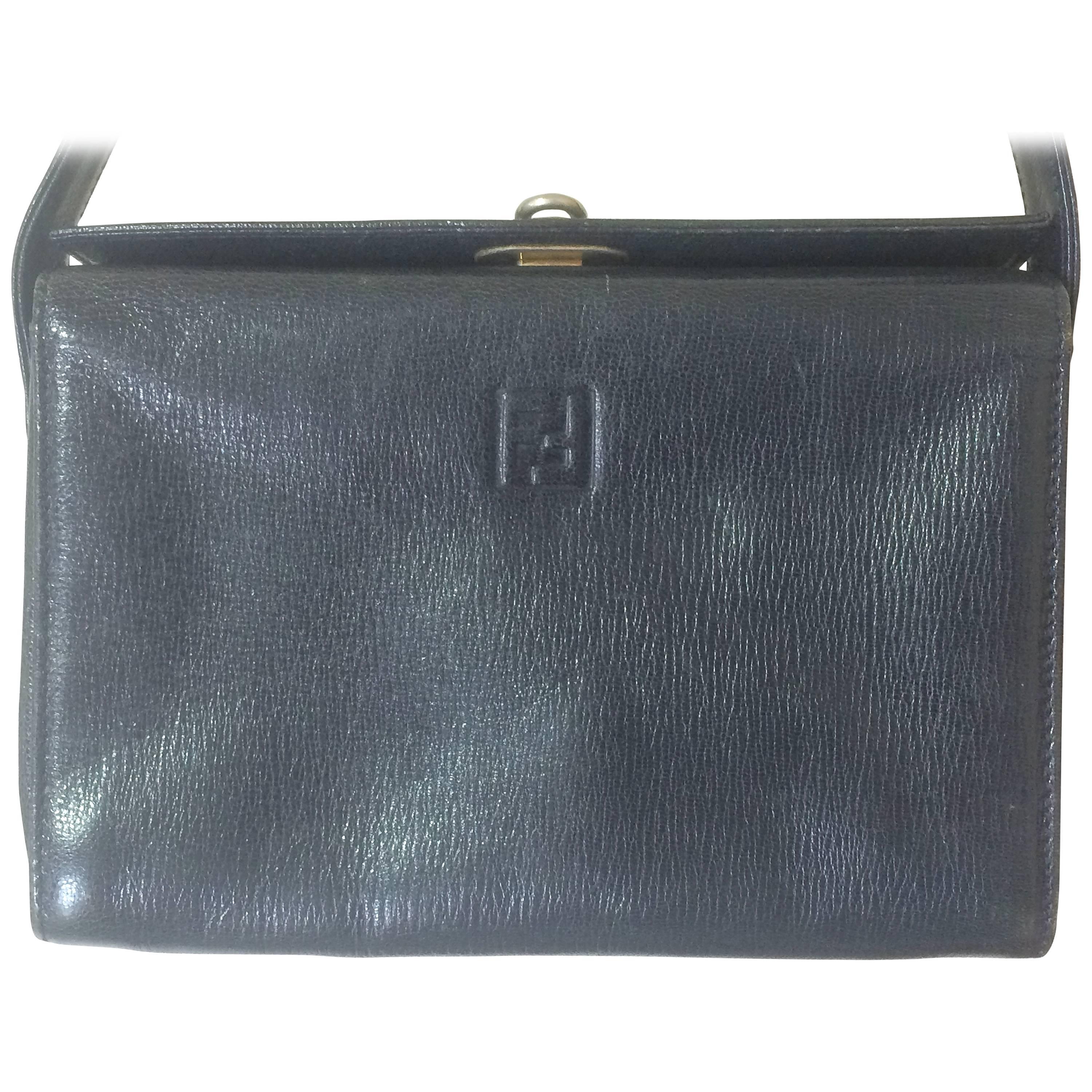 Vintage FENDI genuine navy leather square and triangle shape handbag with logo For Sale
