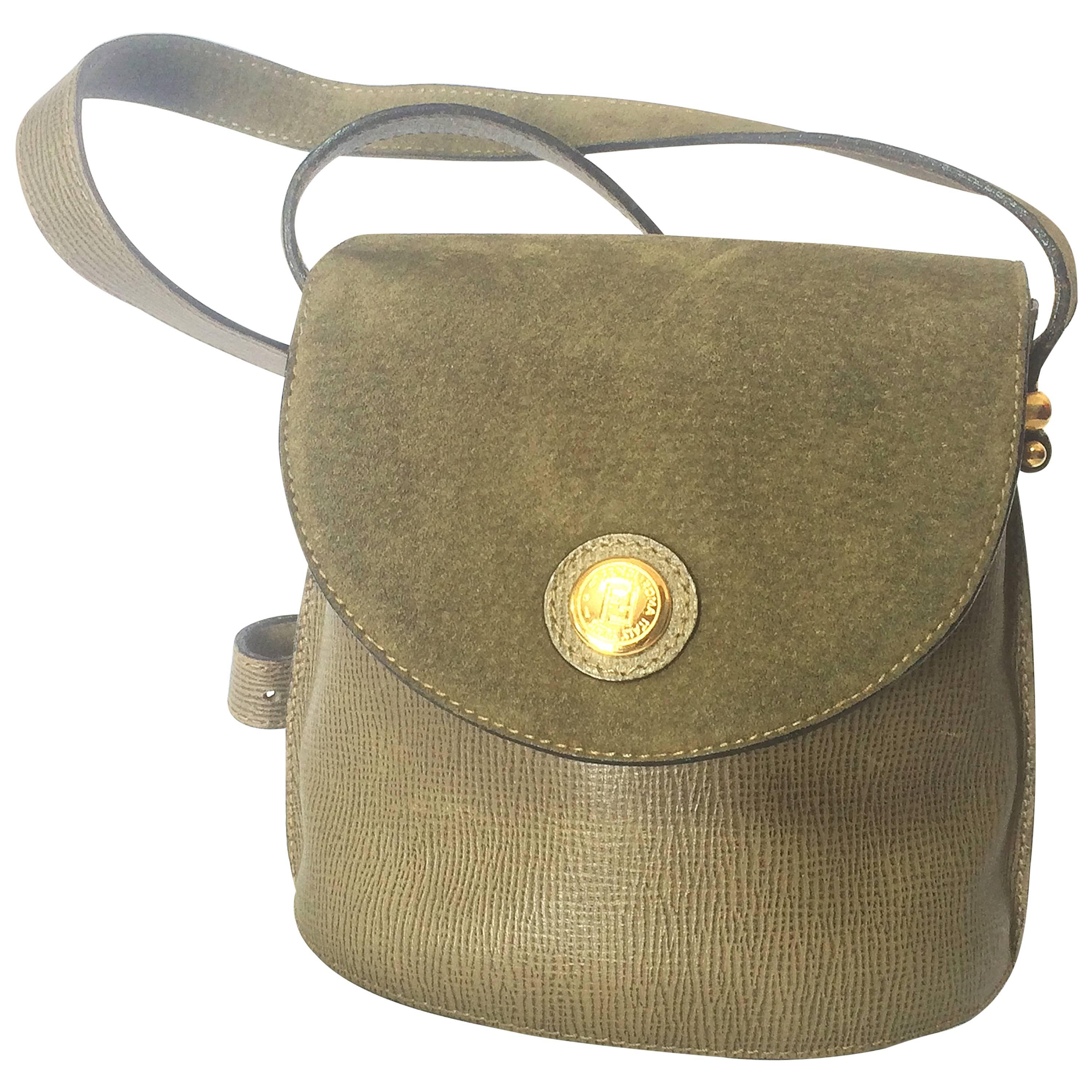 Vintage FENDI khaki green grained and pigskin suede leather combo mini  bag.
