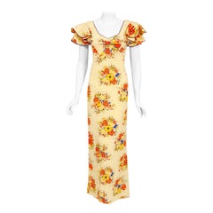 Vintage 1930s Marigold Floral Garden Print Silk Flutter-Sleeve Ruffle Maxi Dress