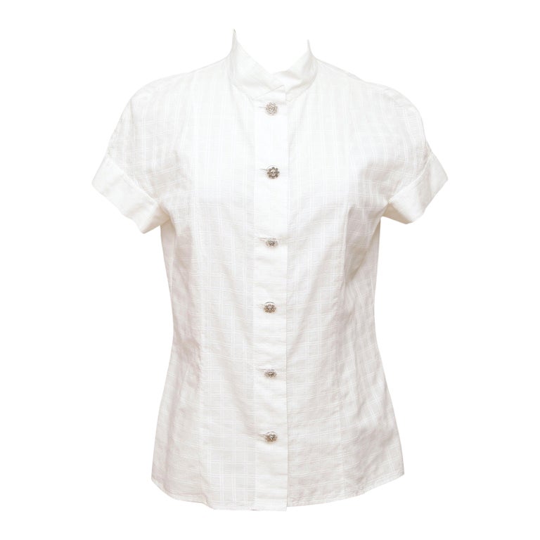 CHANEL White Button Down Blouse Shirt Top Silver CC Short Sleeve Sz 40 2016