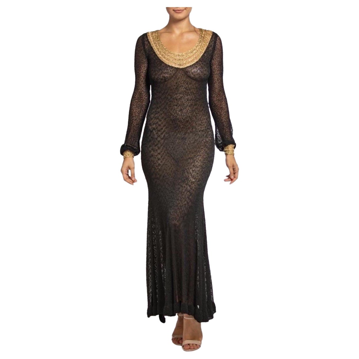 1970S Black & Gold Rayon Blend Knit Slinky Long Sleeved Dress For Sale