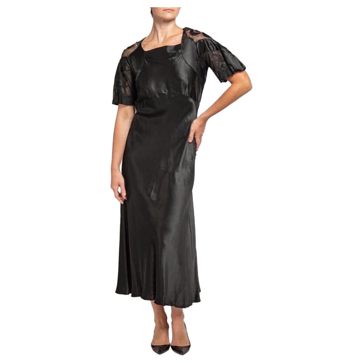 1930S Black Silk With Lace Bias Cut Dress For Sale