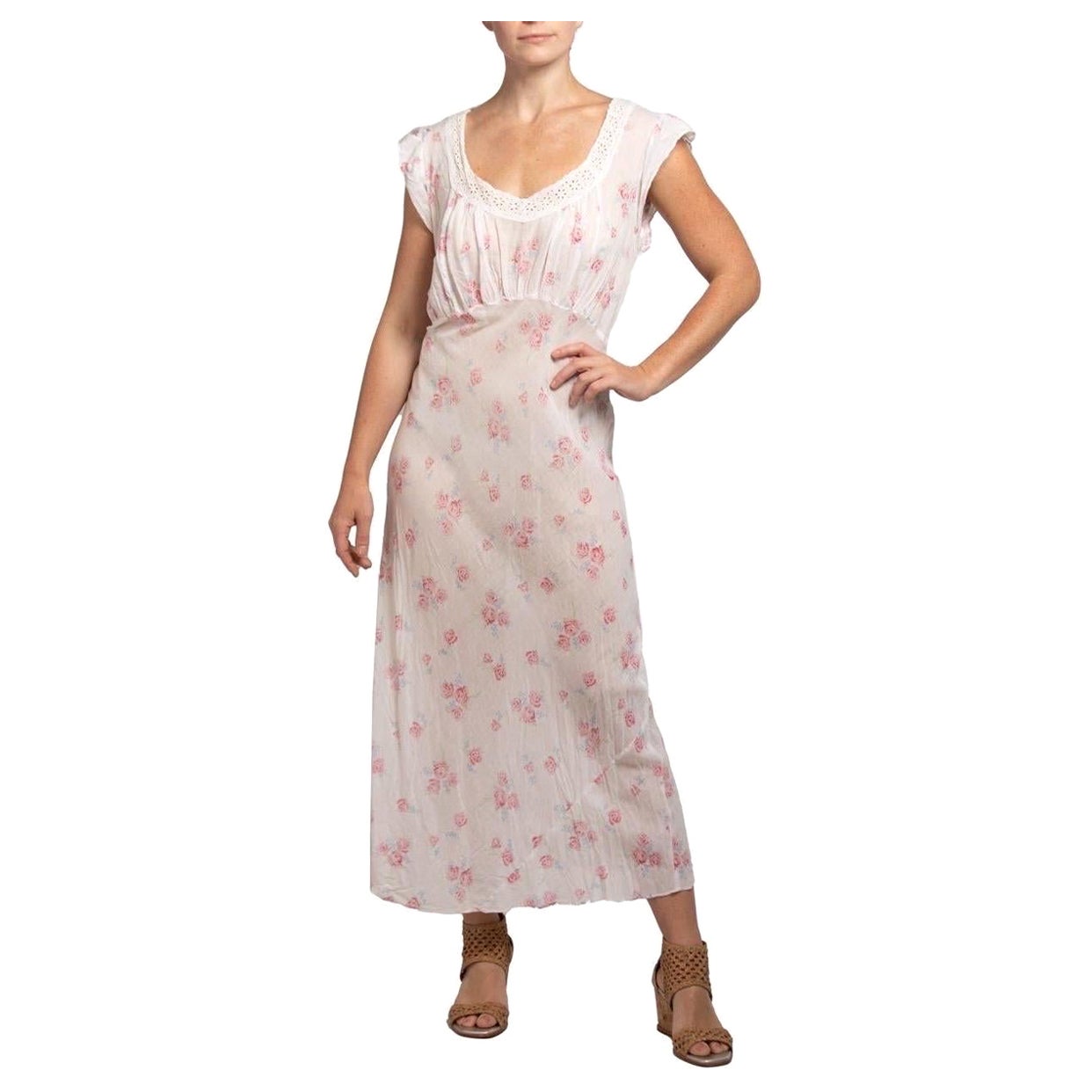 1930S White With Pink And Blue Floral Print Lace Organic Cotton Bias Negligee XL For Sale