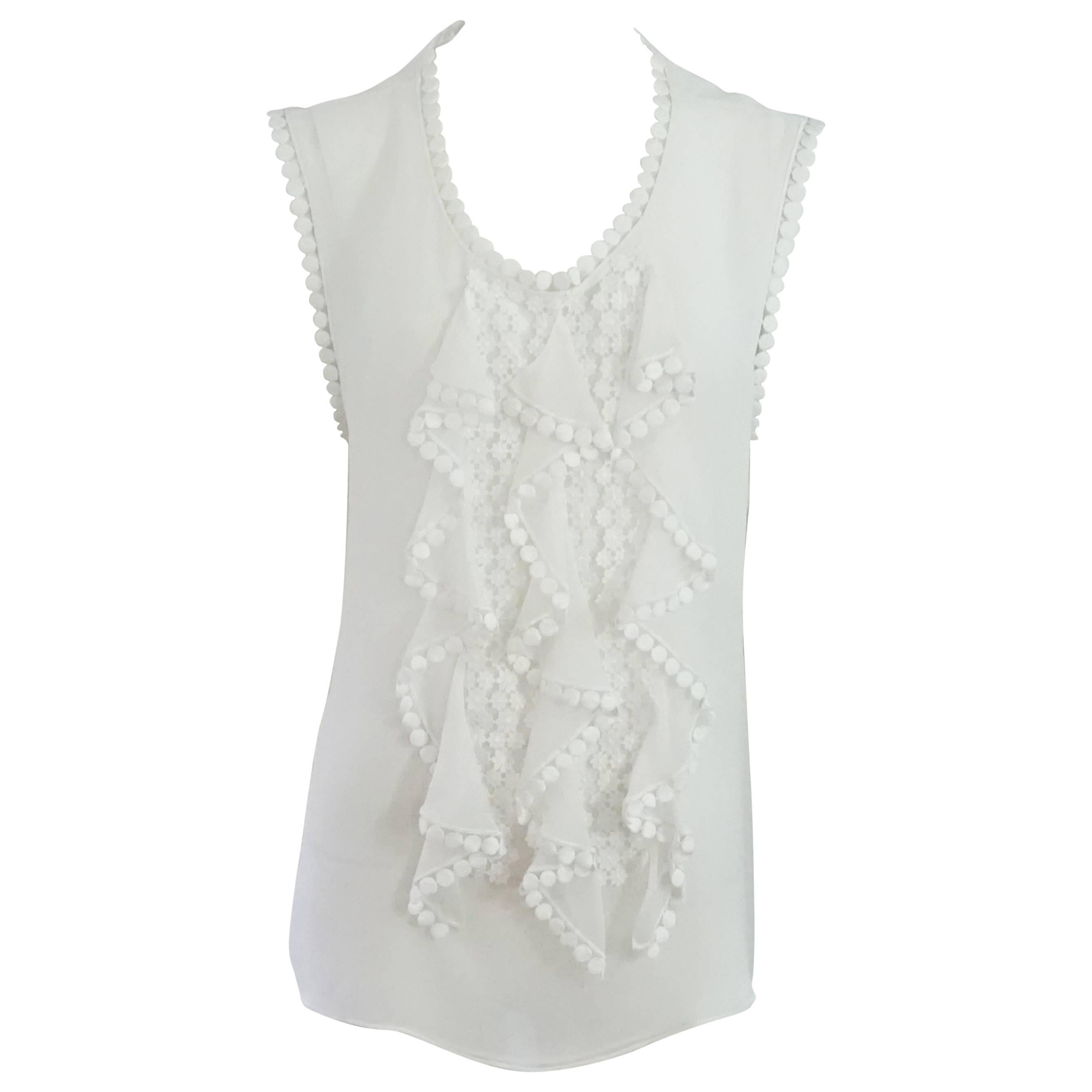 Oscar de la Renta White Silk Chiffon & Lace Top - 12