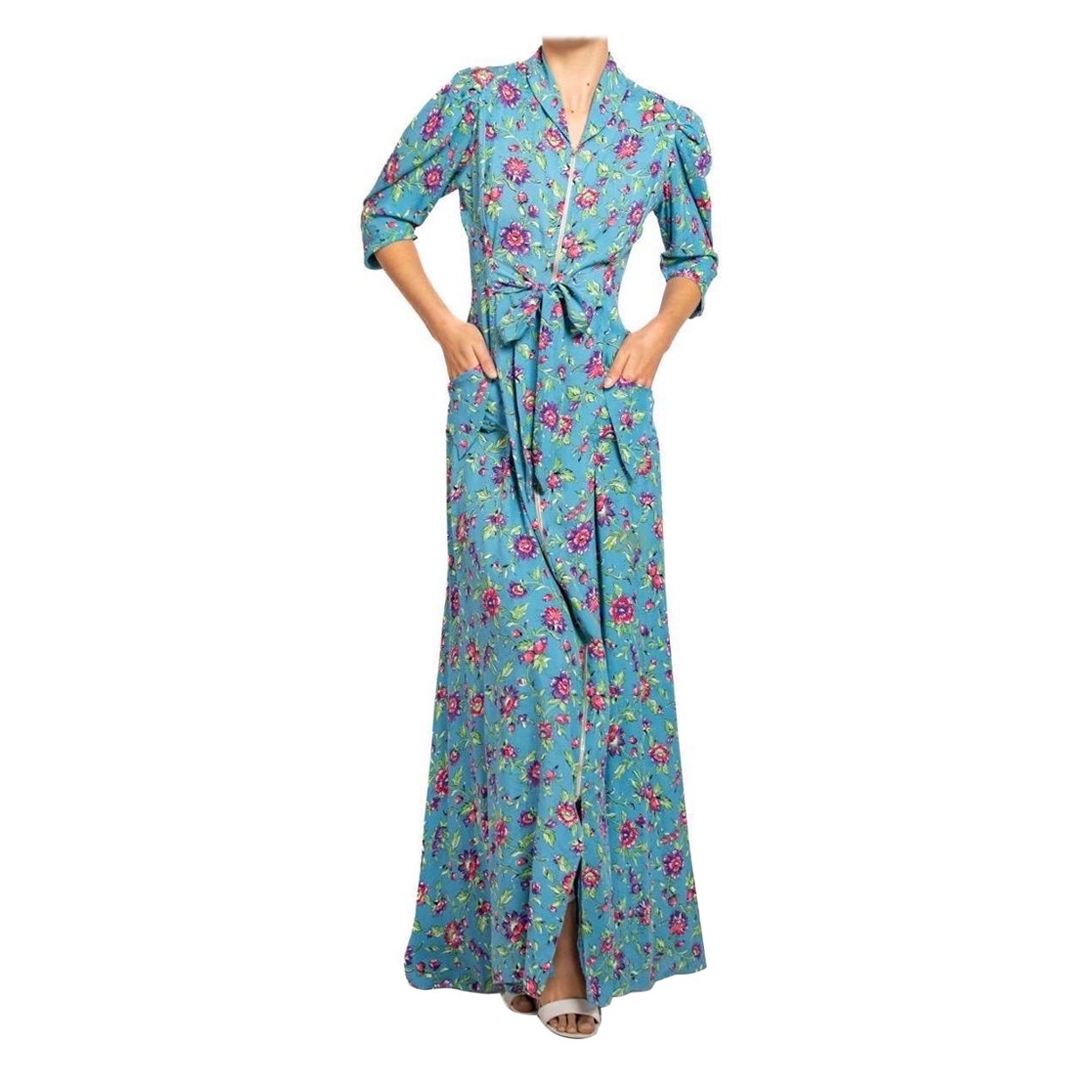 1940S Blue & Pink Floral Cold Rayon Zipper Front Dress For Sale