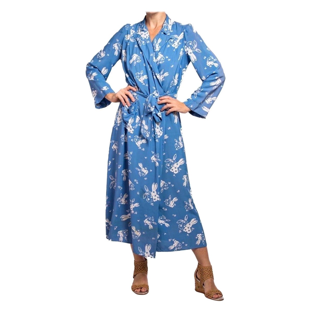 1940S Blue & White Cold Rayon Novelty  Bunny Print Wrap Dress For Sale