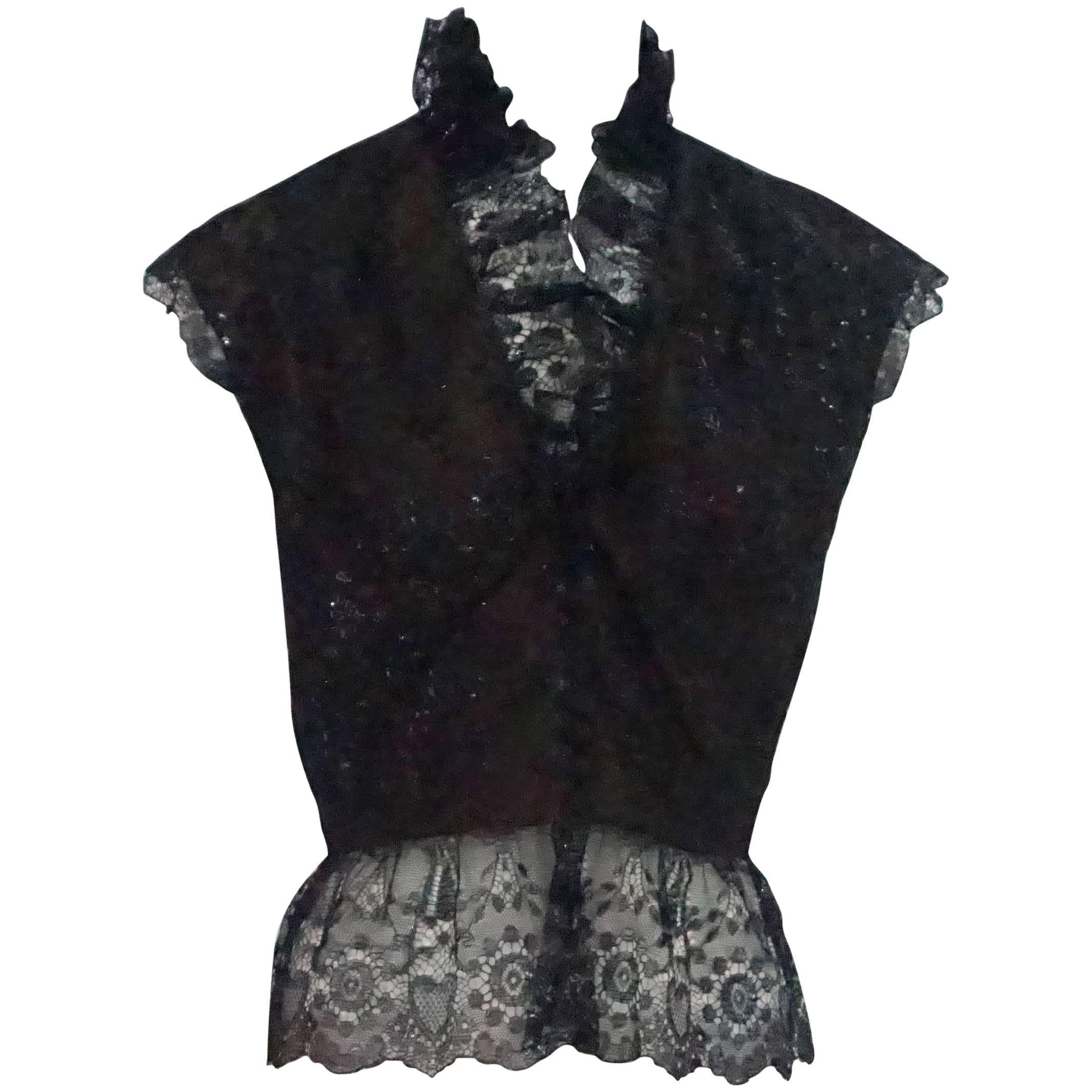 Bob Mackie Black Metallic Lace Ruffle Crop Top - L - 1980
s