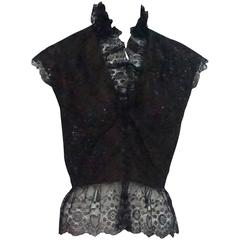 Vintage Bob Mackie Black Metallic Lace Ruffle Crop Top - L - 1980's