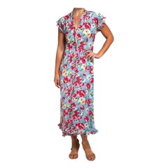 1940S Aqua Blau & Rosa Kaltes Rayon Floral Zip-Front Kleid