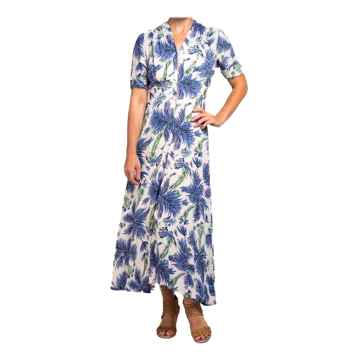 1940S Blue & White Cold Rayon Floral Print Zip-Front Dress For Sale