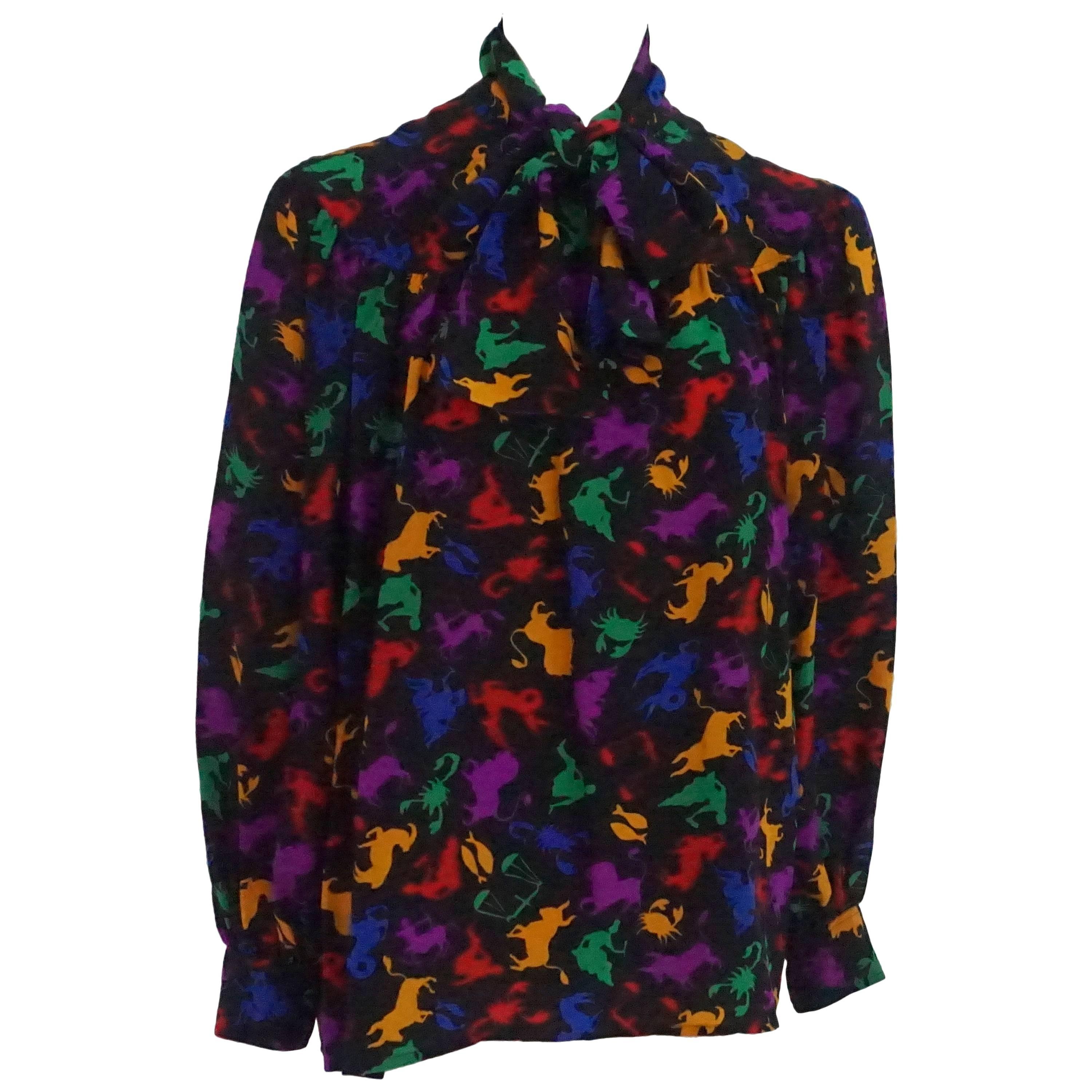 YSL Black & Multi Astrological Print Silk Peasant Style Blouse - 40 - 1960's 