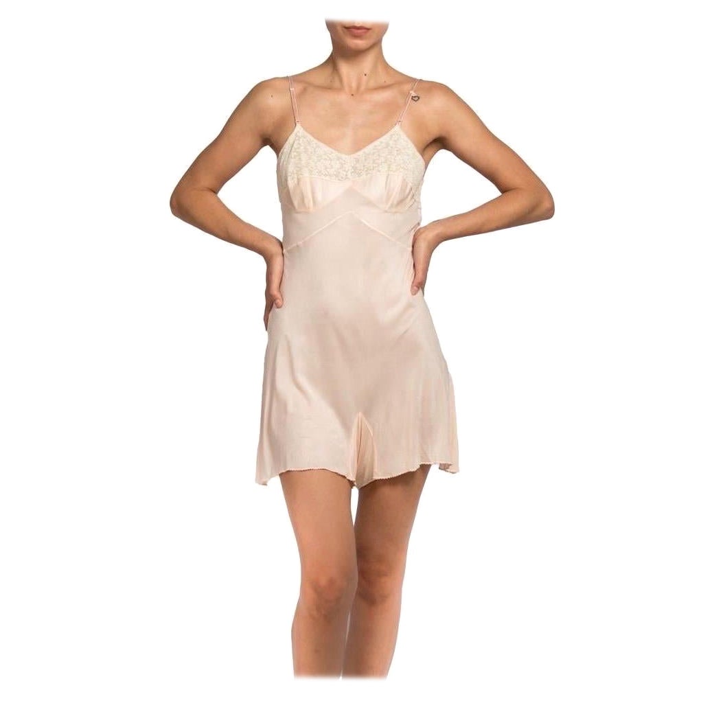 1930S Blush Pink Jersey Romper Slip With Lace Trim For Sale
