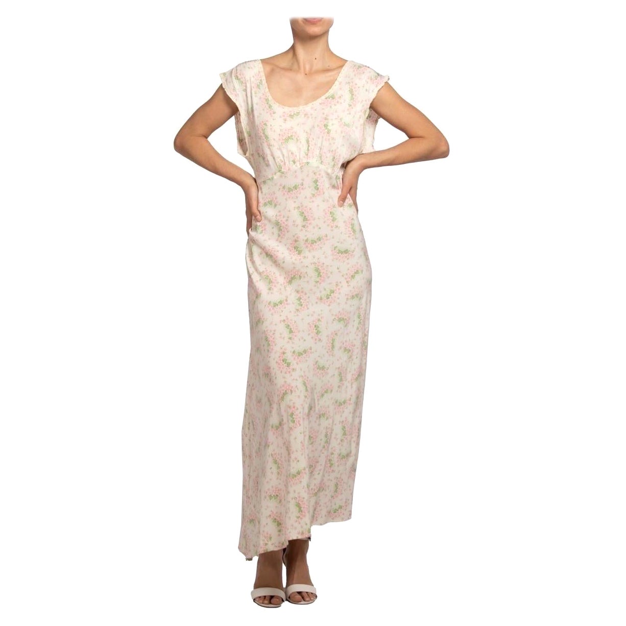 1930S Cream Bias Cut Cold Rayon Negligee With Pink And Green Floral Print For Sale