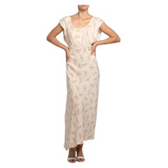 1930S Cream Bias Cut Cold Rayon Negligee With Pink And Green Floral Print
