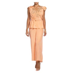Vintage 1940S Peach Rayon Pajamas With Lace And Flutter Sleeve