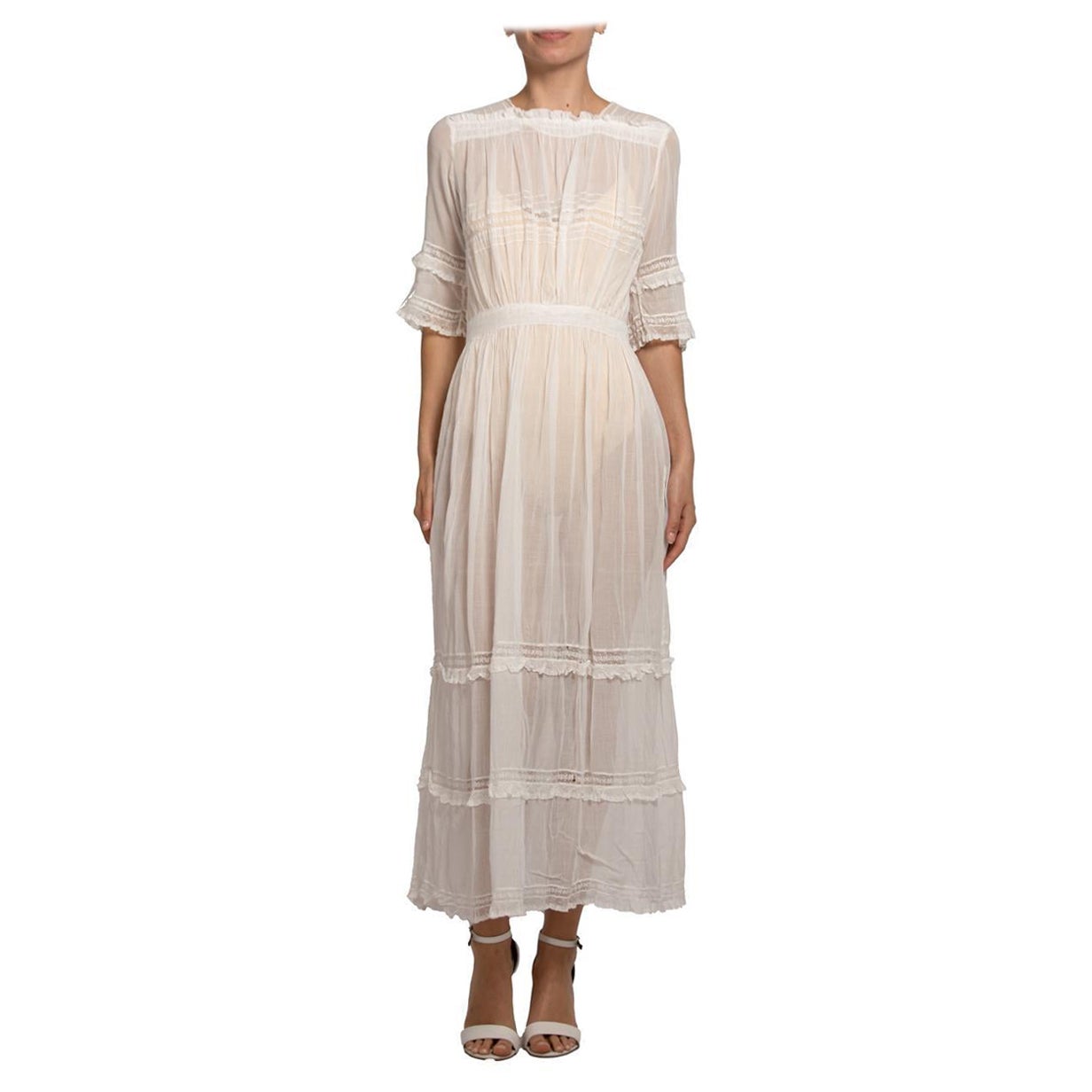 Edwardian White Organic Cotton Dress With Beautiful Lave Trim Detail For Sale