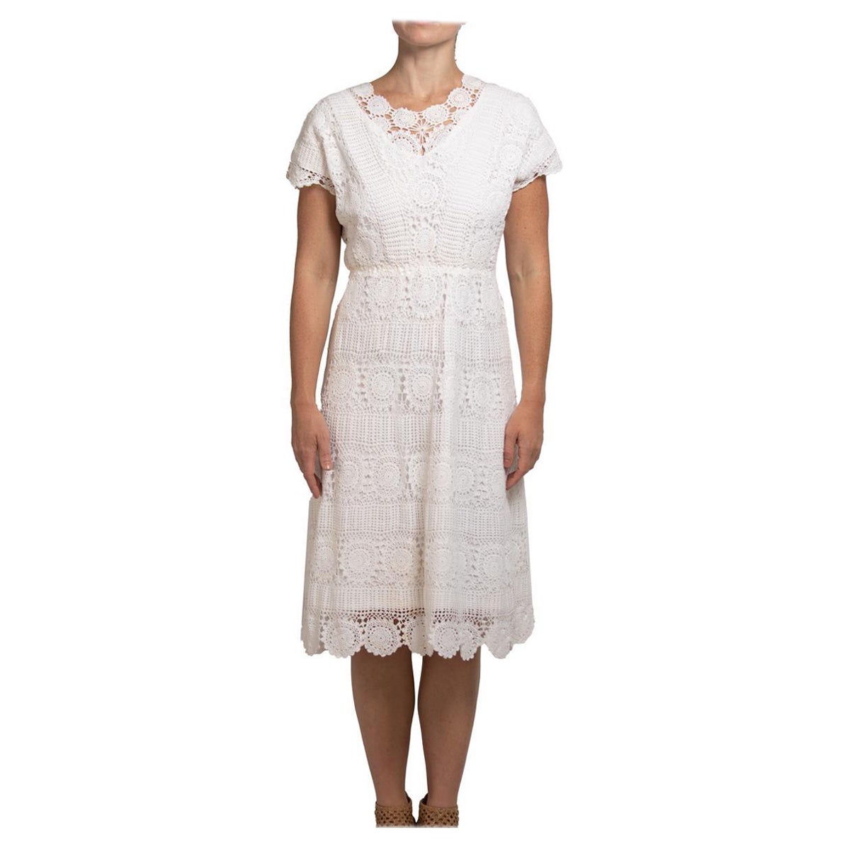 1970S White Cotton Crochet Lace Elastic Waist Dress For Sale