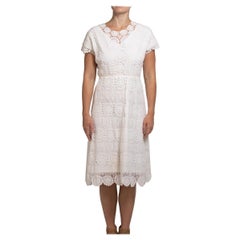 1970S White Cotton Crochet Lace Elastic Waist Dress