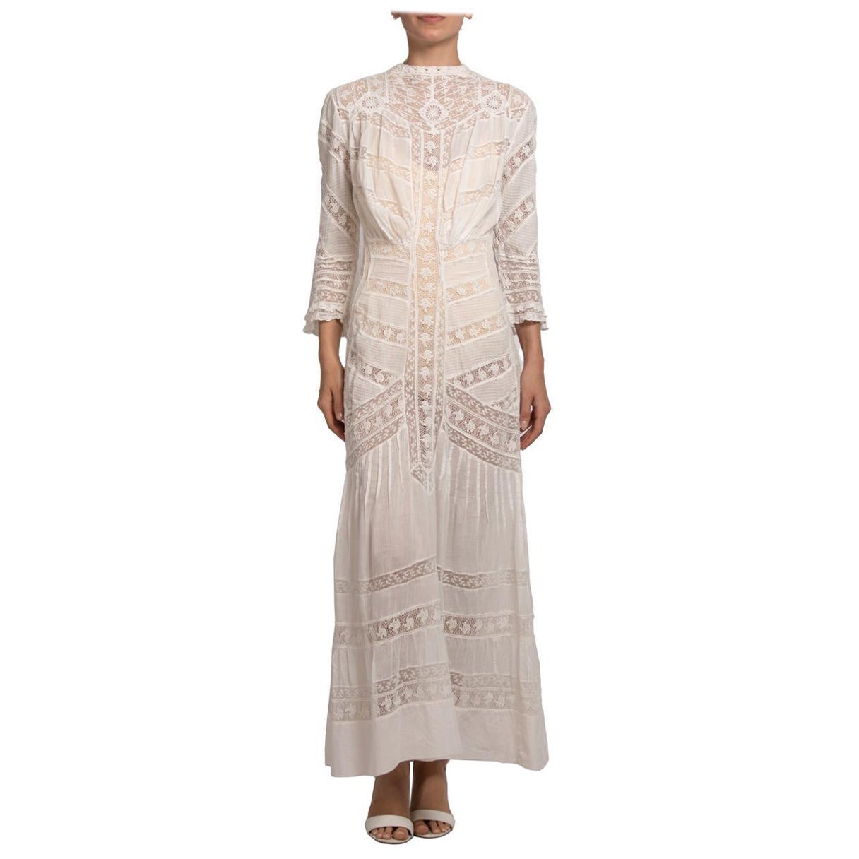 Victorian Cream Organic Cotton Lace Tea Dress With Sleeves For Sale