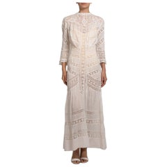 Used Victorian Cream Organic Cotton Lace Tea Dress With Sleeves