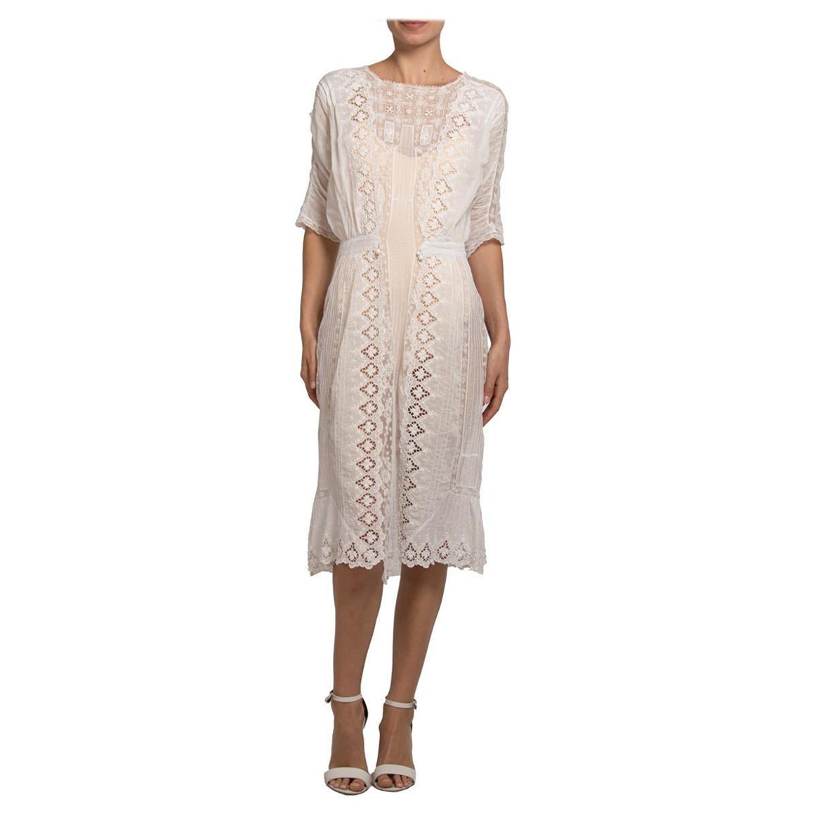Edwardian White Hand Embroidered Organic Cotton Victorian Lace Tea Dress For Sale