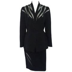 Thierry Mugler Black Wool Skirt Suit with Mesh Cutout Design - 42 - 1980's