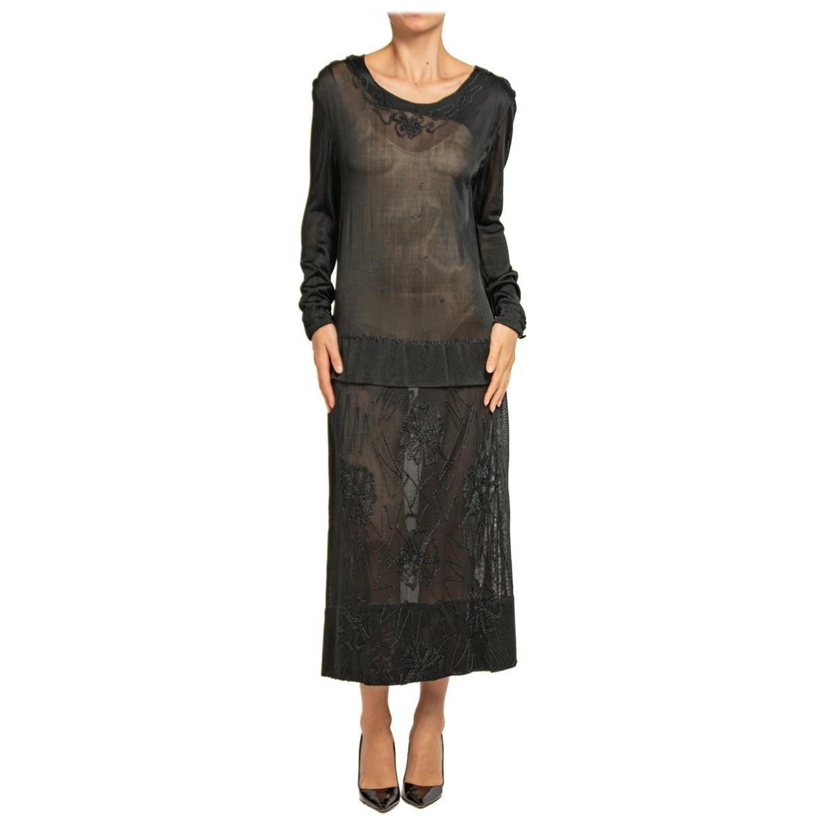 1920S Black Sheer Silk Jersey Dress With Floral Embroidery For Sale