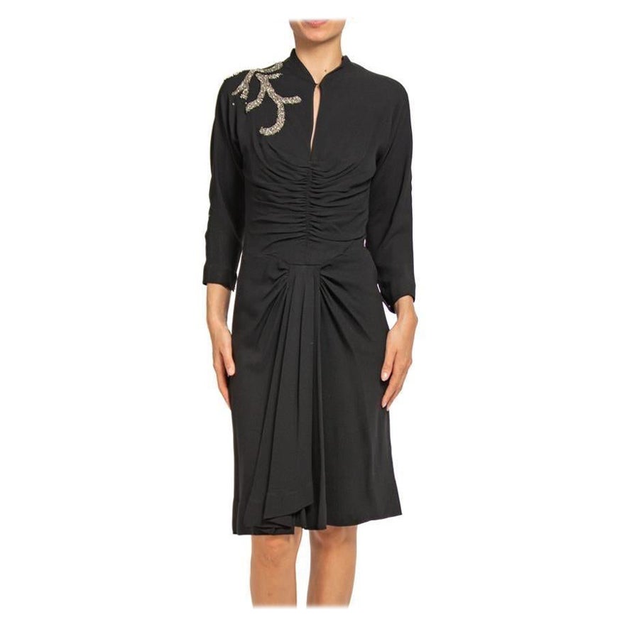 1940S HOWARD GREER Black Silk Crepe Cocktail Dress With Beaded Shoulder Detail For Sale