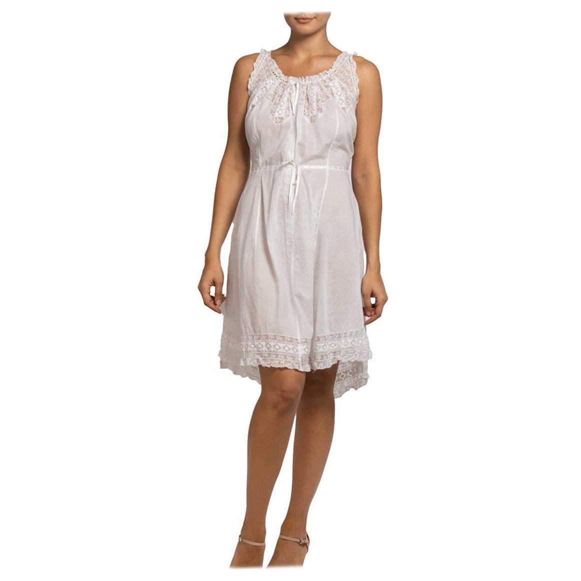 Edwardian White Organic Cotton Drawstring Waist Dress With Lace Detail For Sale