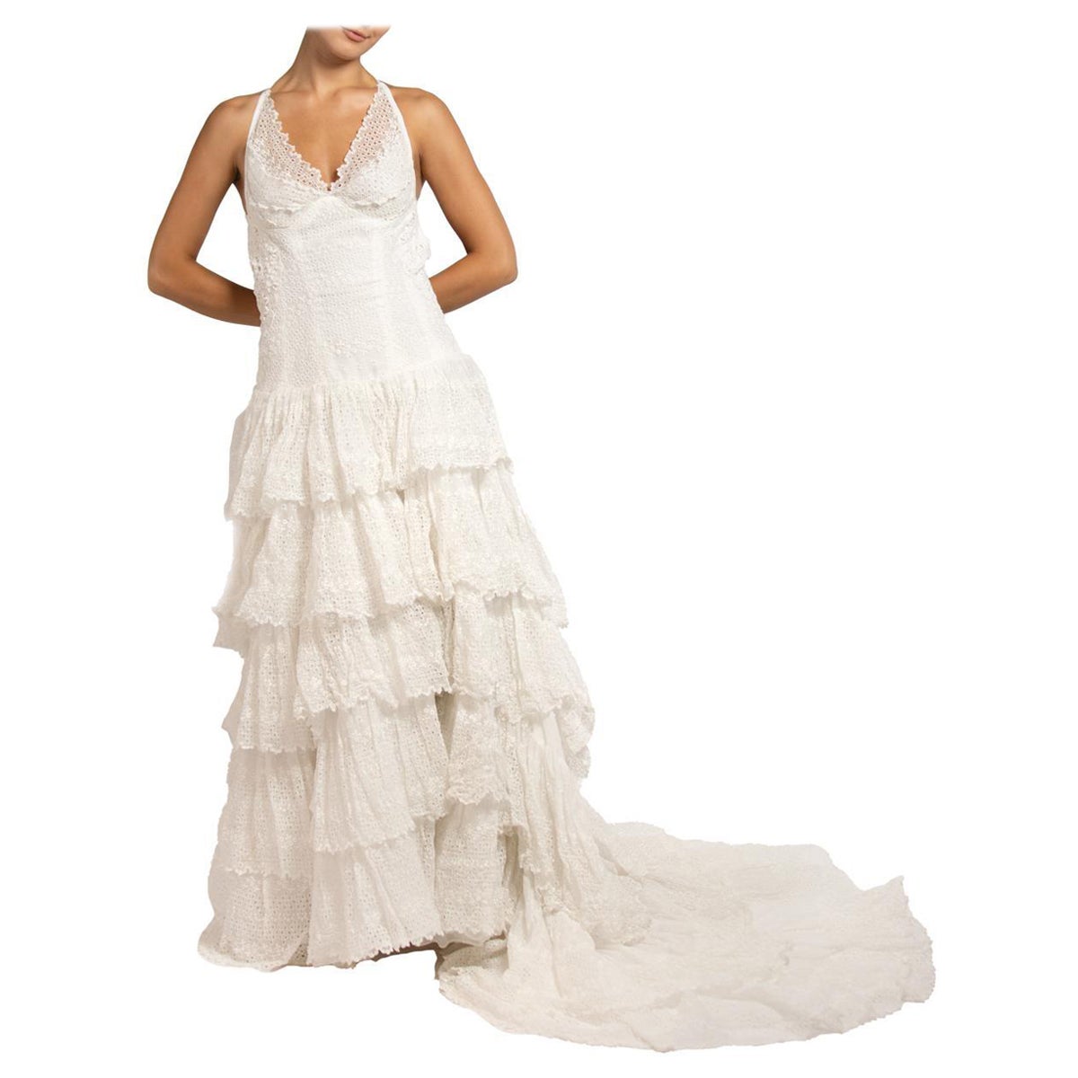 MORPHEW ATELIER Weißes Hochzeitskleid aus Bio-Baumwolle mit Ösen und Spitze mit Vict im Angebot