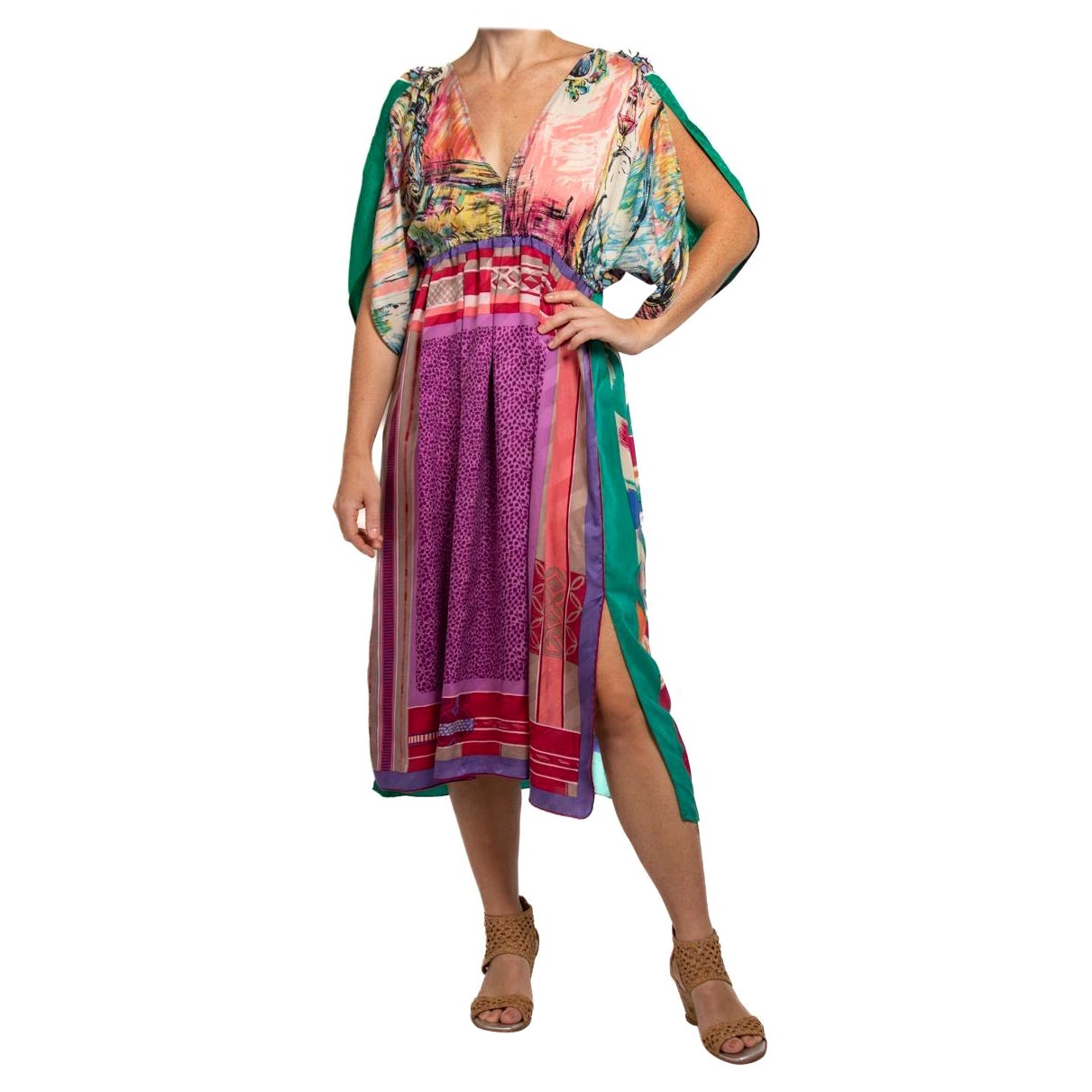MORPHEW COLLECTION Purple & Green  Silk Virgo Empire Waist Dress Made From Vint