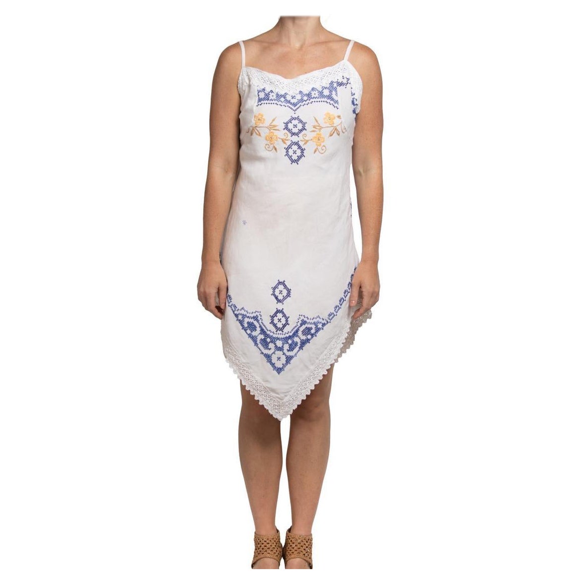 MORPHEW COLLECTION White & Blue Linen Vintage Hand Embroidered From France Dress For Sale