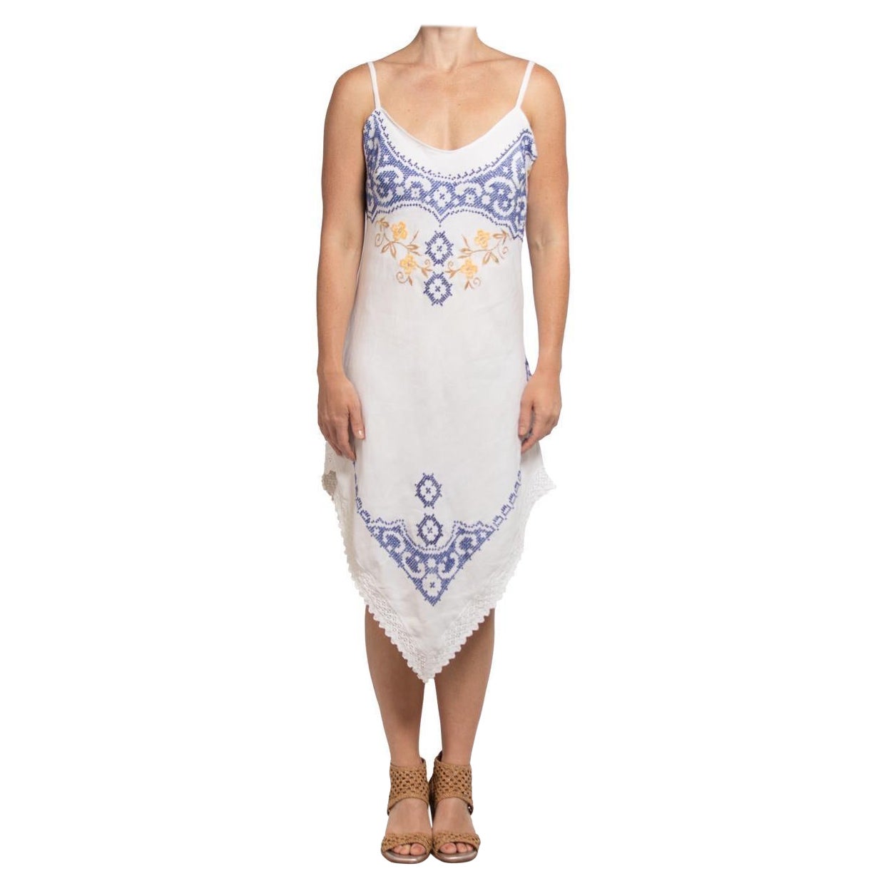 MORPHEW COLLECTION White & Blue Linen Vintage Hand Embroidered From France Dress For Sale