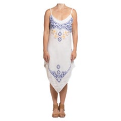 MORPHEW COLLECTION White & Blue Linen Vintage Hand Embroidered From France Dress