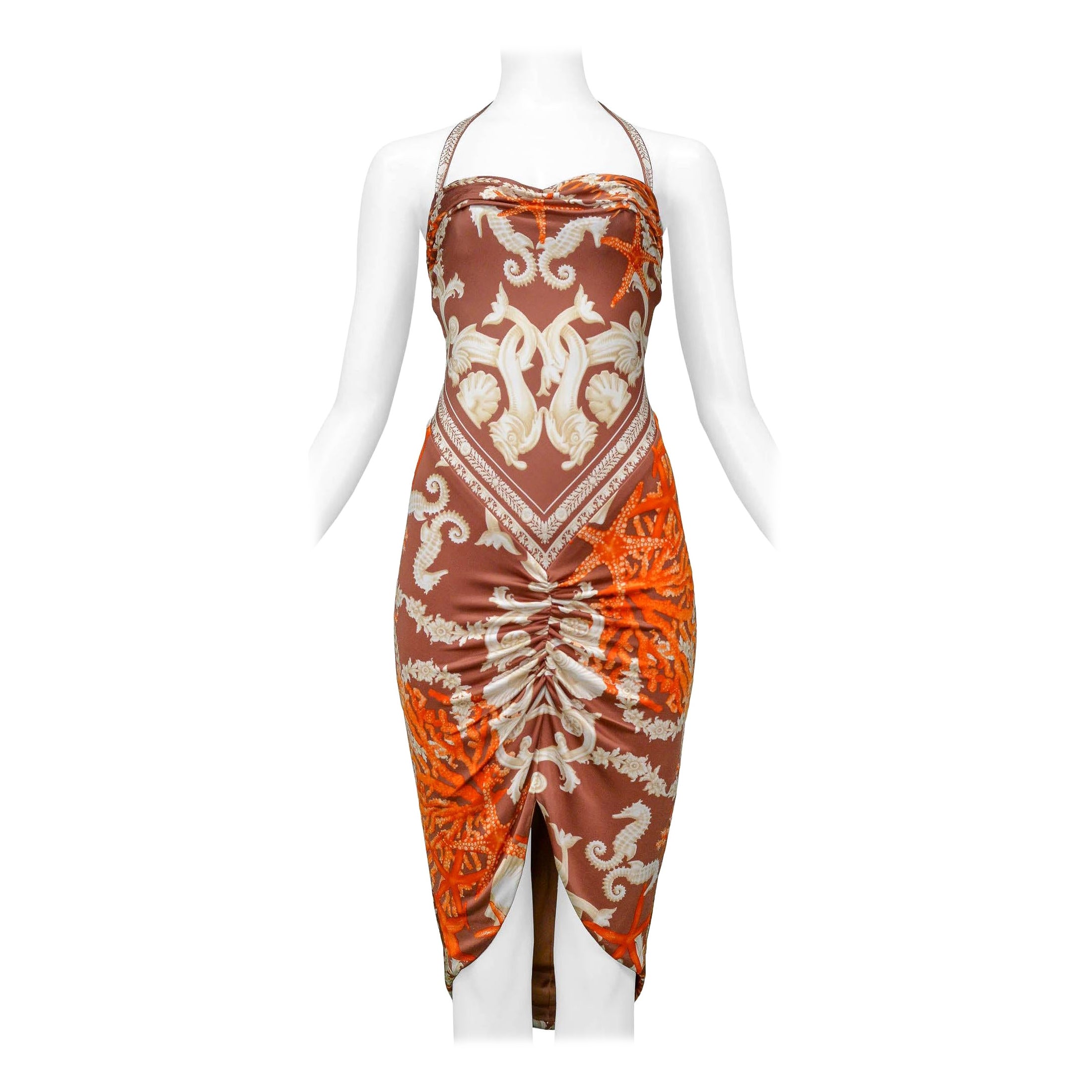 Versace 2005 Seahorse & Coral Print Halter Dress For Sale