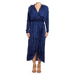 1980S HANNA HARTWELL Blue Long Sleeve With Elastic Waist Band Dress